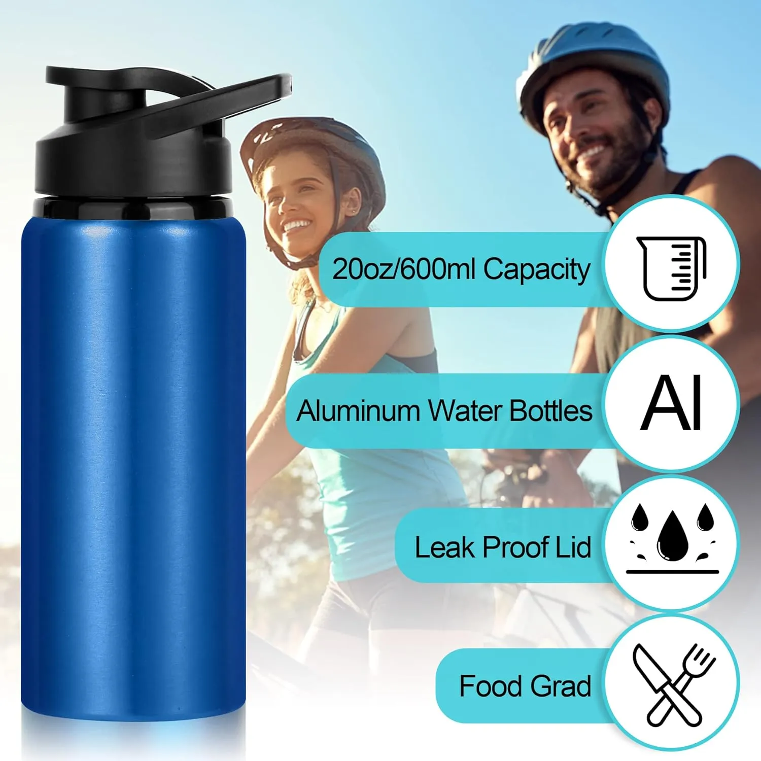 10 Pack Water Bottles Bulk, 20oz Sports Aluminum Water Bottle with Snap Lids Metal Reusable Water Bottles Leak proof Bottle for Travel Camping Gym Hiking Fishing(Mixed Colors)