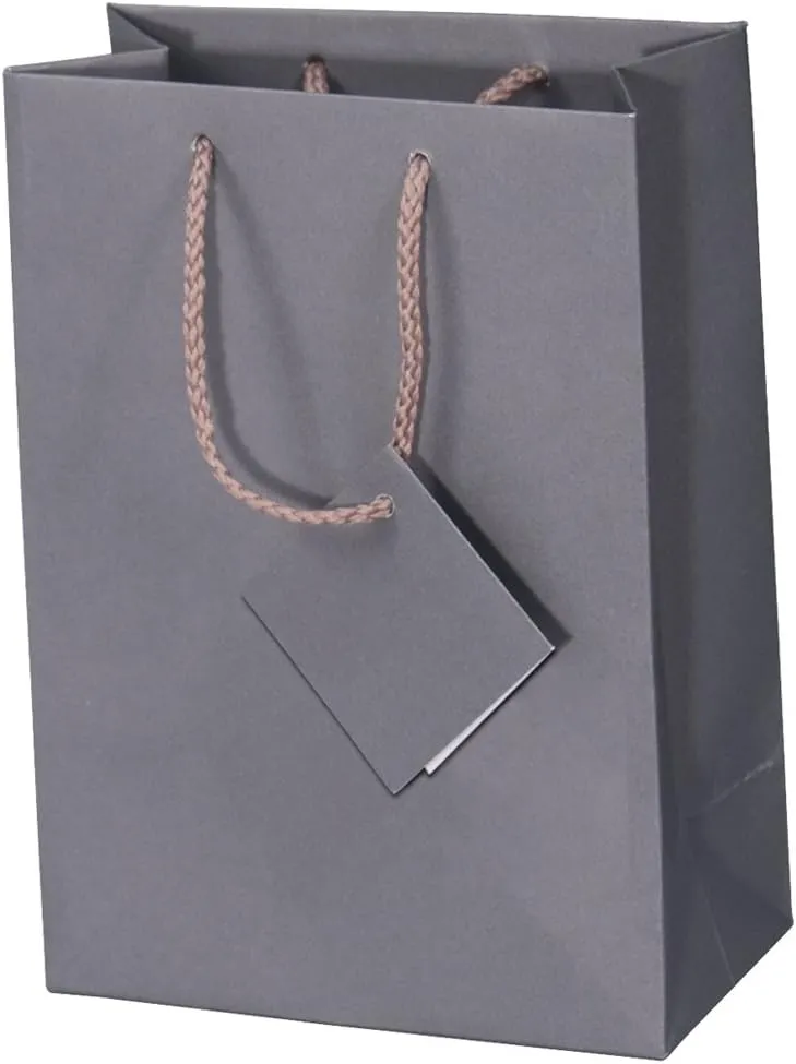 10 pcs Large Matte Dark Grey Shopping Paper Gift Sales Tote Bags with Blank Message Tag 8" x 5" x 10"