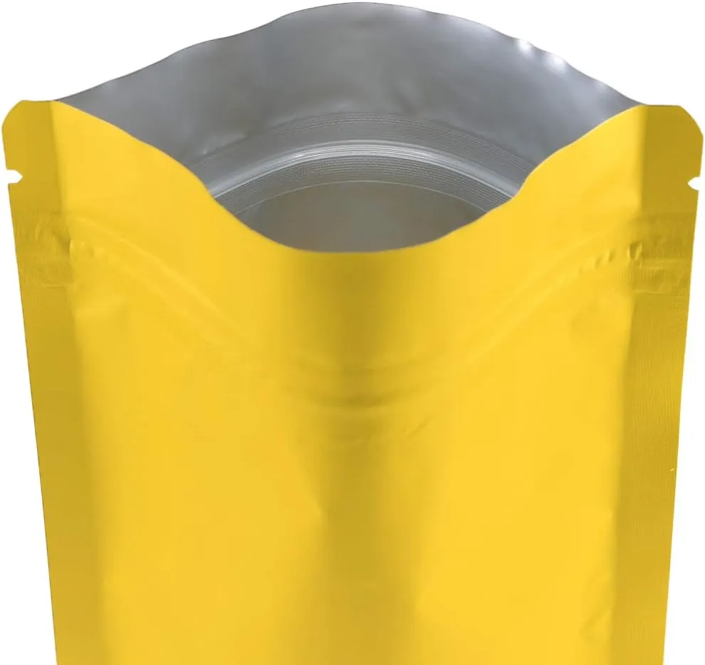100 Double-Sided Color Stand-Up Food Storage Aluminum Mylar Resealable Pouch (6.3" x 9.1", Matte Gold Standup Bag)