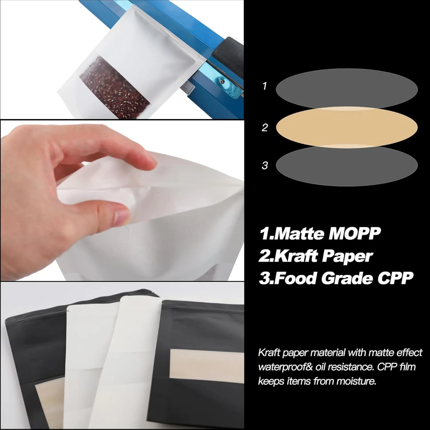 100 Pack Bags, Resealable Bags with Clear Window, Stand-up Bags for Sealing Storage, Scratch Resistant Hand Storage Bags. (White, 7×10 Inch)