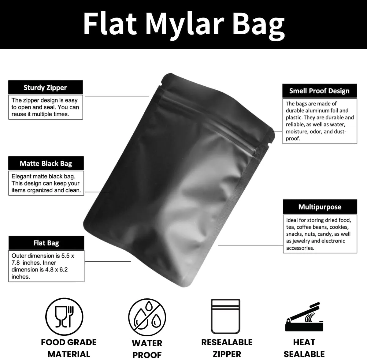 100 Pack Matte Black Mylar Bags - 5.5x7.8 Inches Resealable Smell Proof Foil Zipper Food Pouches - oz Sealable Flat Packaging Sample Pouch Bag