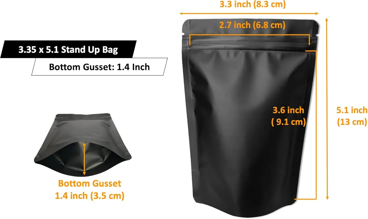 100 Pack Matte Black Mylar Stand Up Bags - 3.3x5.1 Inches Smell Proof Resealable Pouch Bag, Sealable Foil Packaging Zipper Pouches for Food Storage