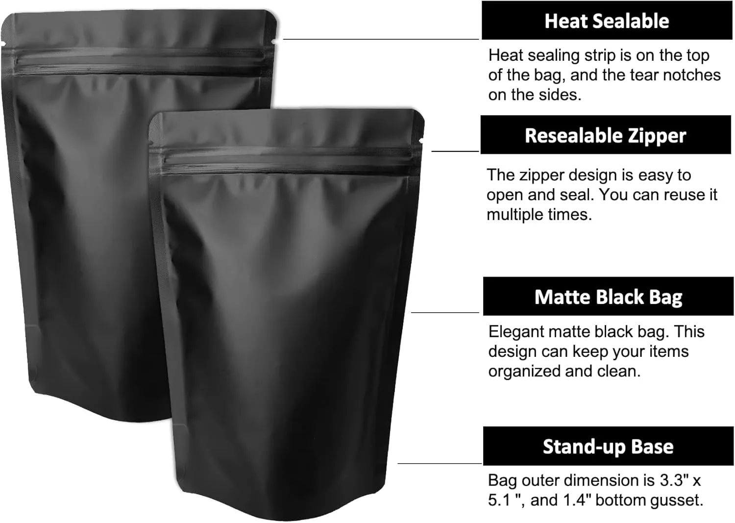 100 Pack Matte Black Mylar Stand Up Bags - 3.3x5.1 Inches Smell Proof Resealable Pouch Bag, Sealable Foil Packaging Zipper Pouches for Food Storage