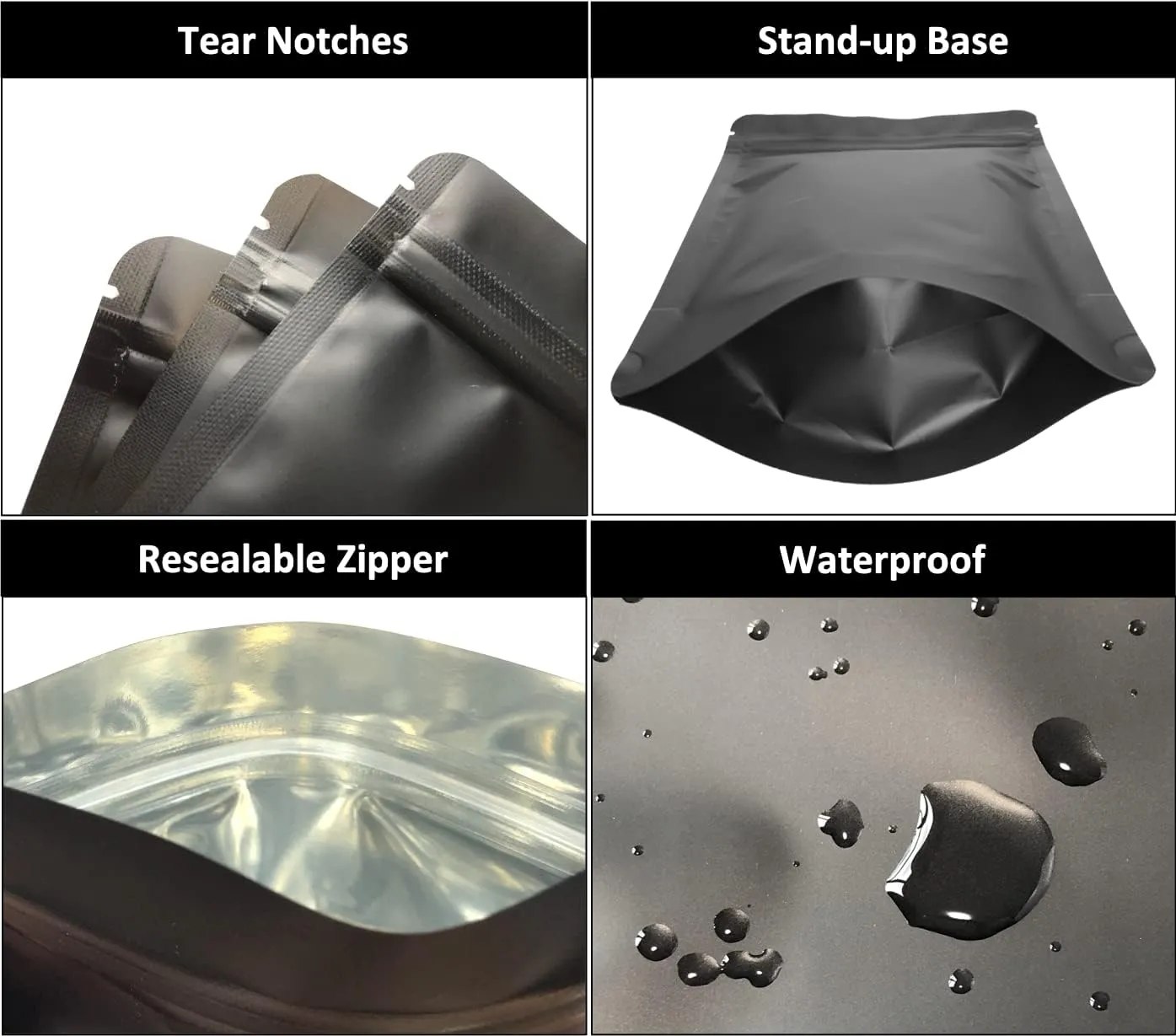 100 Pack Matte Black Mylar Stand Up Bags - 3.3x5.1 Inches Smell Proof Resealable Pouch Bag, Sealable Foil Packaging Zipper Pouches for Food Storage