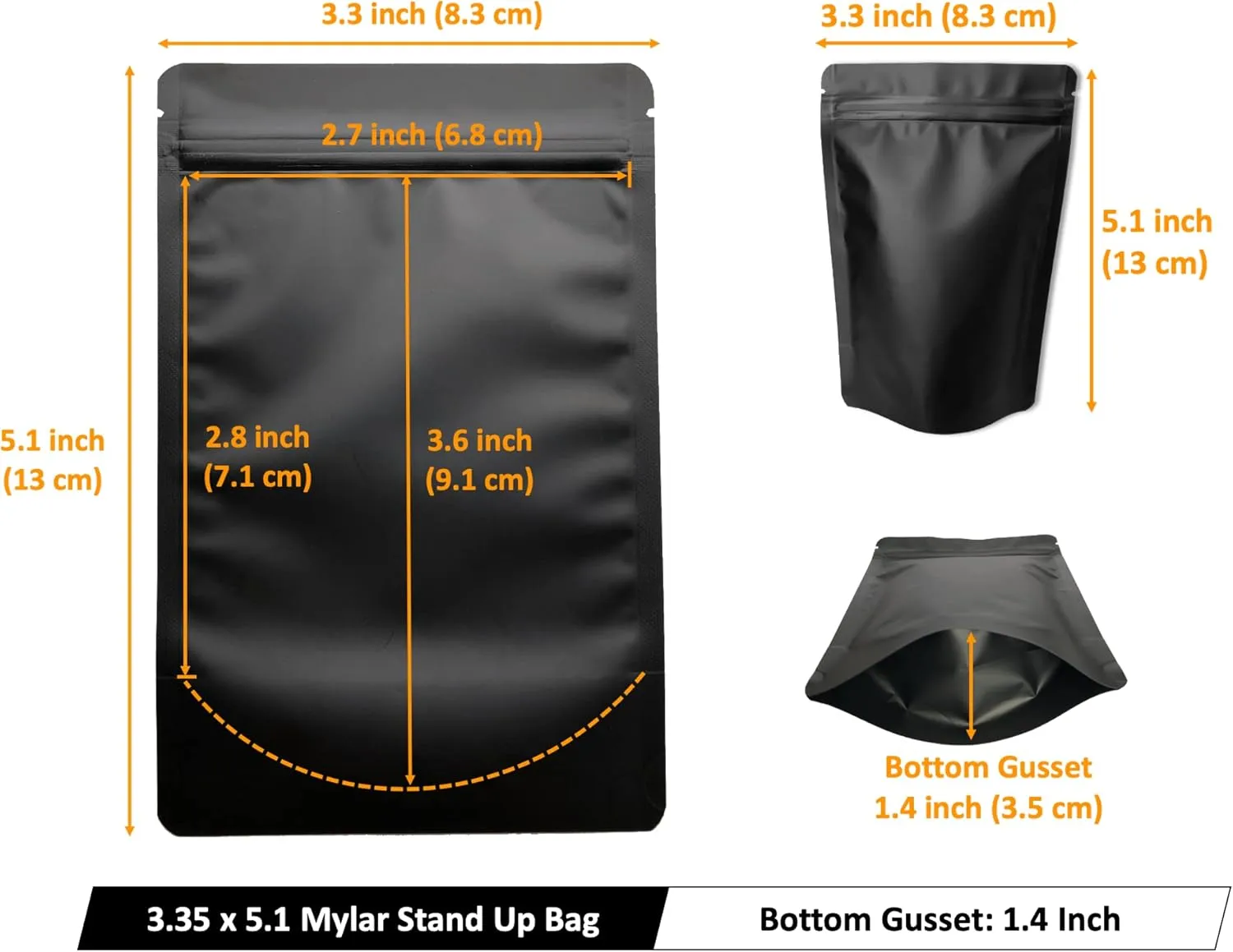 100 Pack Matte Black Mylar Stand Up Bags - 3.3x5.1 Inches Smell Proof Resealable Pouch Bag, Sealable Foil Packaging Zipper Pouches for Food Storage
