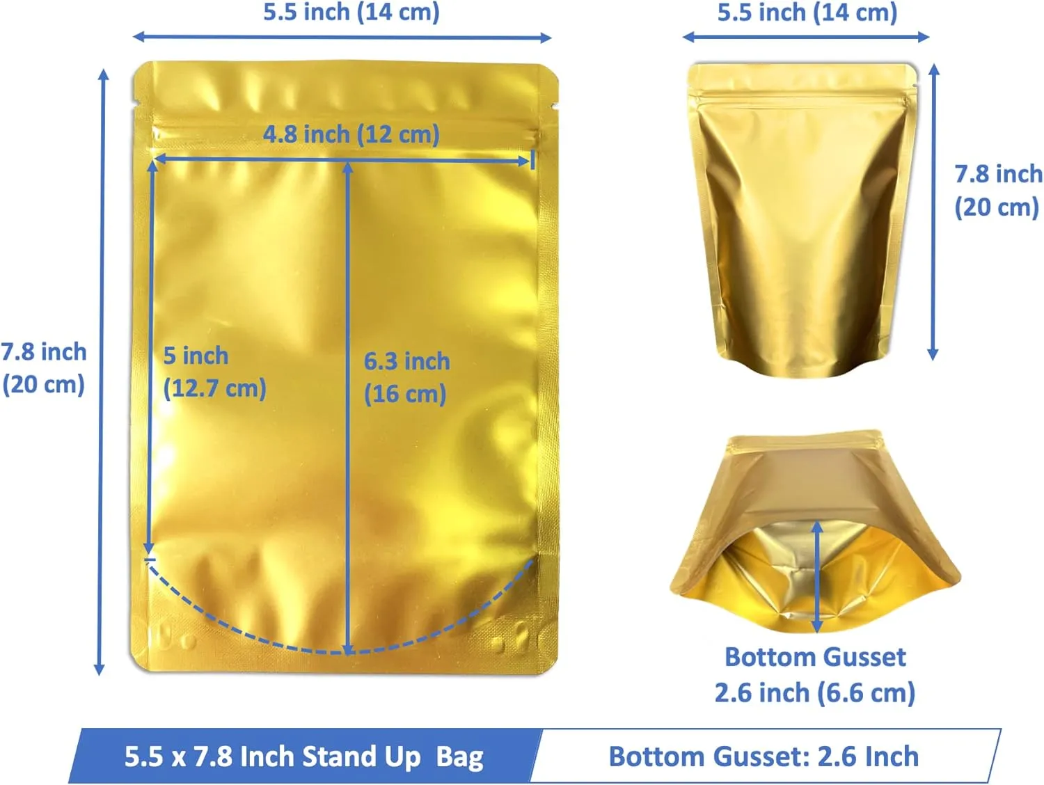 100 Pack Matte Gold Stand Up Bags - 5.5x7.8 Inches Smell Proof Resealable Zipper Pouch, Sealable Foil Packaging Bag for Food Storage