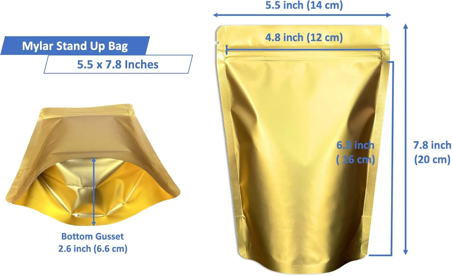 100 Pack Matte Gold Stand Up Bags - 5.5x7.8 Inches Smell Proof Resealable Zipper Pouch, Sealable Foil Packaging Bag for Food Storage