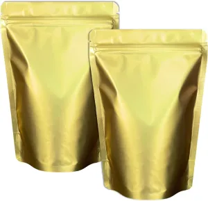 100 Pack Matte Gold Stand Up Bags - 5.5x7.8 Inches Smell Proof Resealable Zipper Pouch, Sealable Foil Packaging Bag for Food Storage