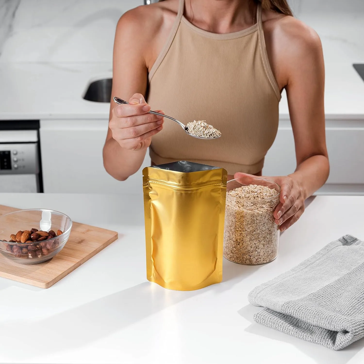 100 Pack Matte Gold Stand Up Bags - 5.5x7.8 Inches Smell Proof Resealable Zipper Pouch, Sealable Foil Packaging Bag for Food Storage