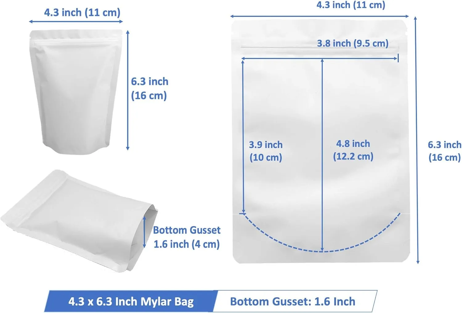100 Pack Matte White Mylar Stand Up Bags - 4.3x6.3 Inches Resealable Smell Proof Zipper Packaging Pouch, Heat Sealable Foil Sample Pouches for Food Storage