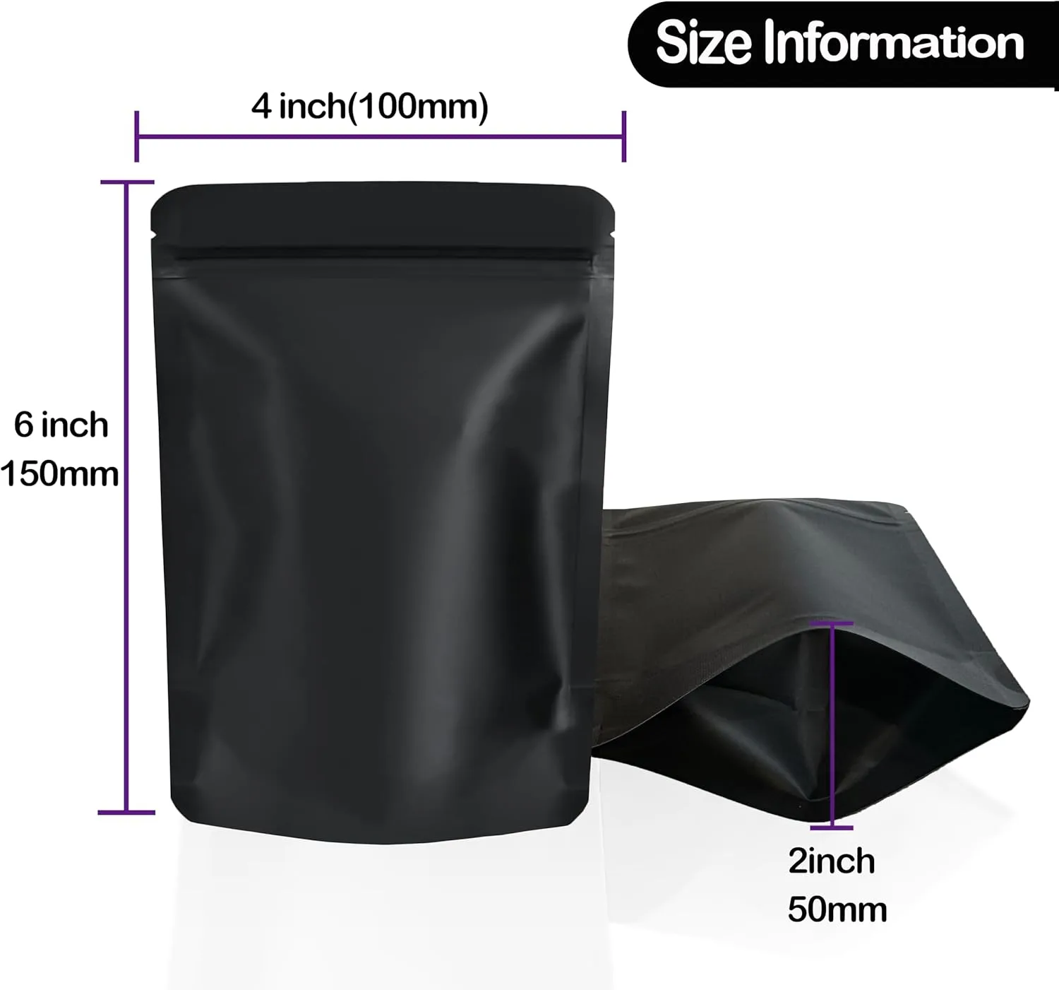 100 Pack Mylar Bags, 4 x 6 inchs Premium Smell Proof Bags with Double-sided Matte Black Printing, Resealable Food Storage Aluminum Foil Stand-up Packaging Bags.