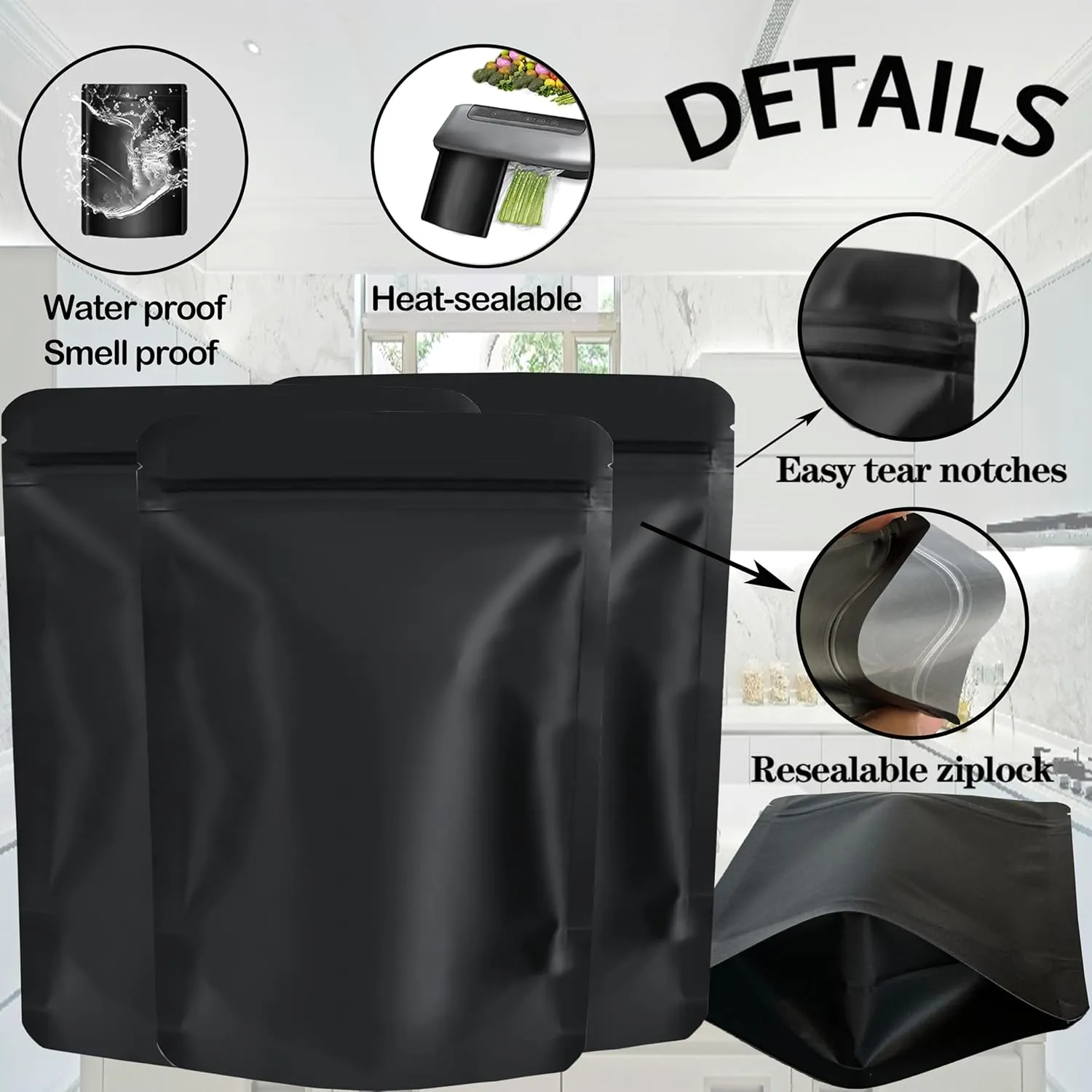 100 Pack Mylar Bags, 4 x 6 inchs Premium Smell Proof Bags with Double-sided Matte Black Printing, Resealable Food Storage Aluminum Foil Stand-up Packaging Bags.