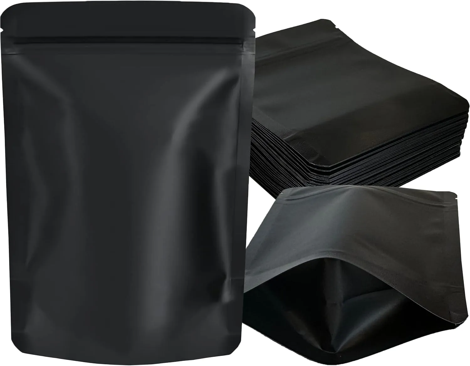 100 Pack Mylar Bags, 4 x 6 inchs Premium Smell Proof Bags with Double-sided Matte Black Printing, Resealable Food Storage Aluminum Foil Stand-up Packaging Bags.