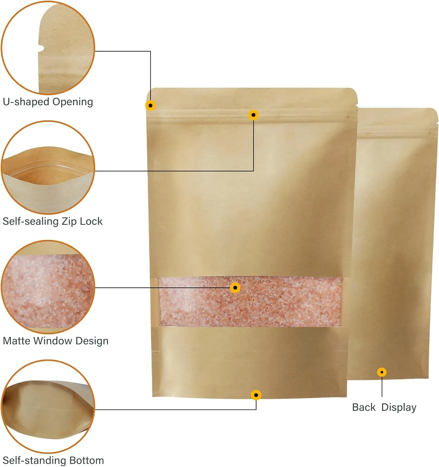 100 Pack Stand Up Pouch Bags, Kraft Pouch with Tear Notch and Matte Window, Resealable Zip Lock Food Storage Bag (Paper bags, 6.7 * 9.8 inch)
