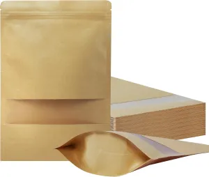 100 Pack Stand Up Pouch Bags, Kraft Pouch with Tear Notch and Matte Window, Resealable Zip Lock Food Storage Bag (Paper bags, 6.7 * 9.8 inch)