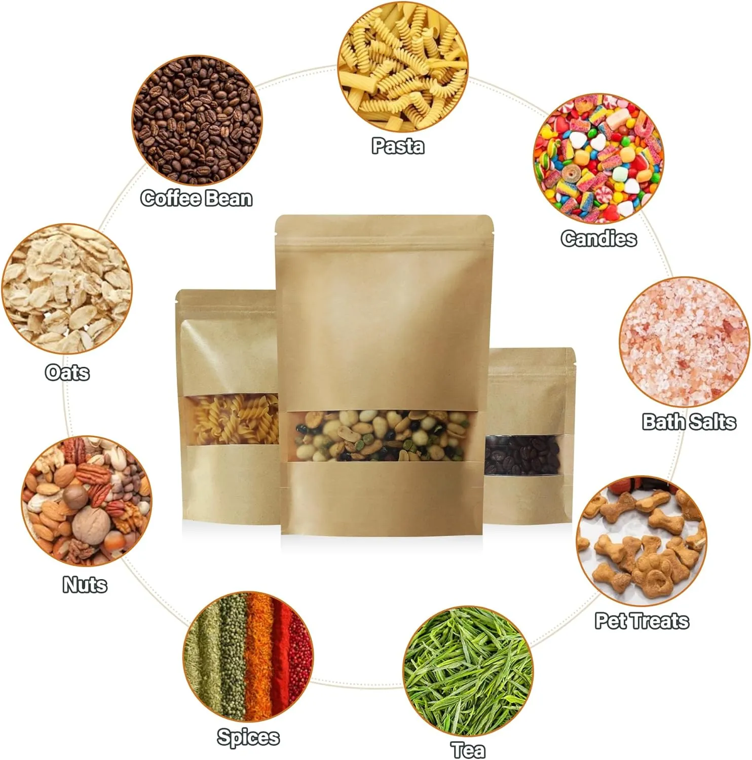 100 Pack Stand Up Pouch Bags, Kraft Pouch with Tear Notch and Matte Window, Resealable Zip Lock Food Storage Bag (Paper bags, 6.7 * 9.8 inch)