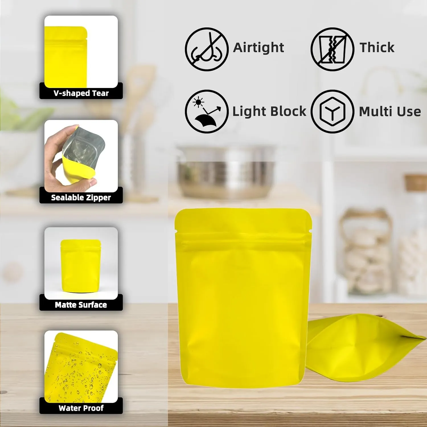 100 Pack Stand Up Pouch Bags, Zip Lock Resealable Mylar Bags for Food Storage, Heat Sealable Foil Packaging Baggies 4 x 5 Inches Matte Yellow