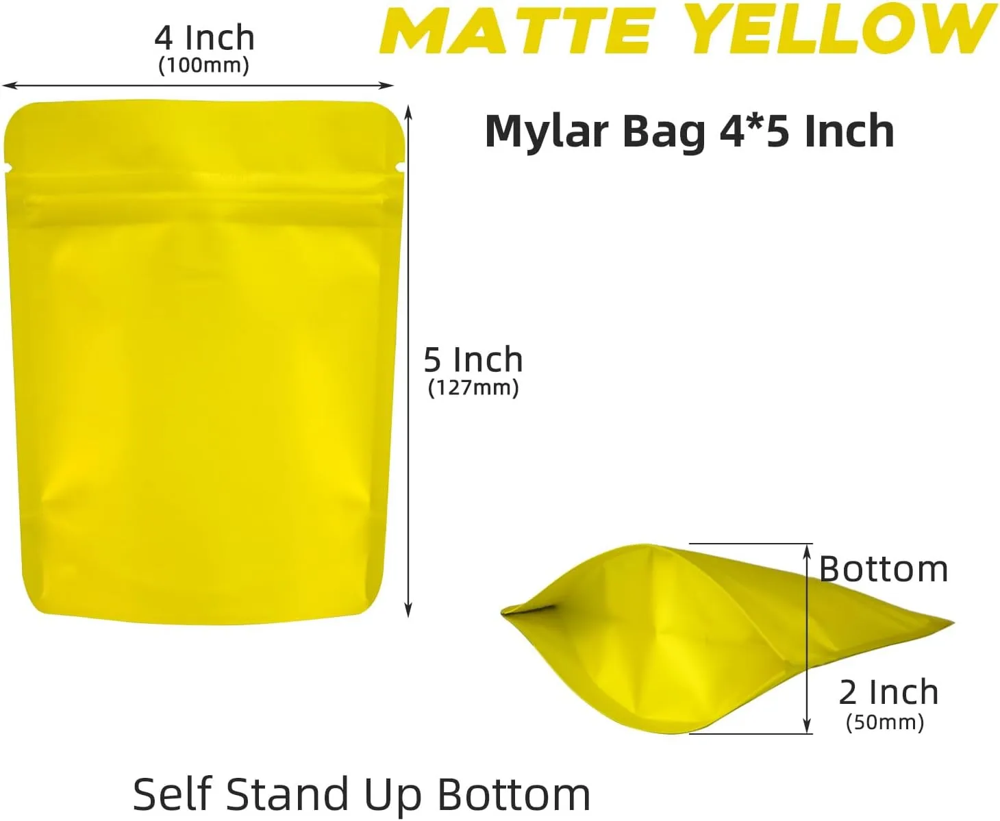 100 Pack Stand Up Pouch Bags, Zip Lock Resealable Mylar Bags for Food Storage, Heat Sealable Foil Packaging Baggies 4 x 5 Inches Matte Yellow