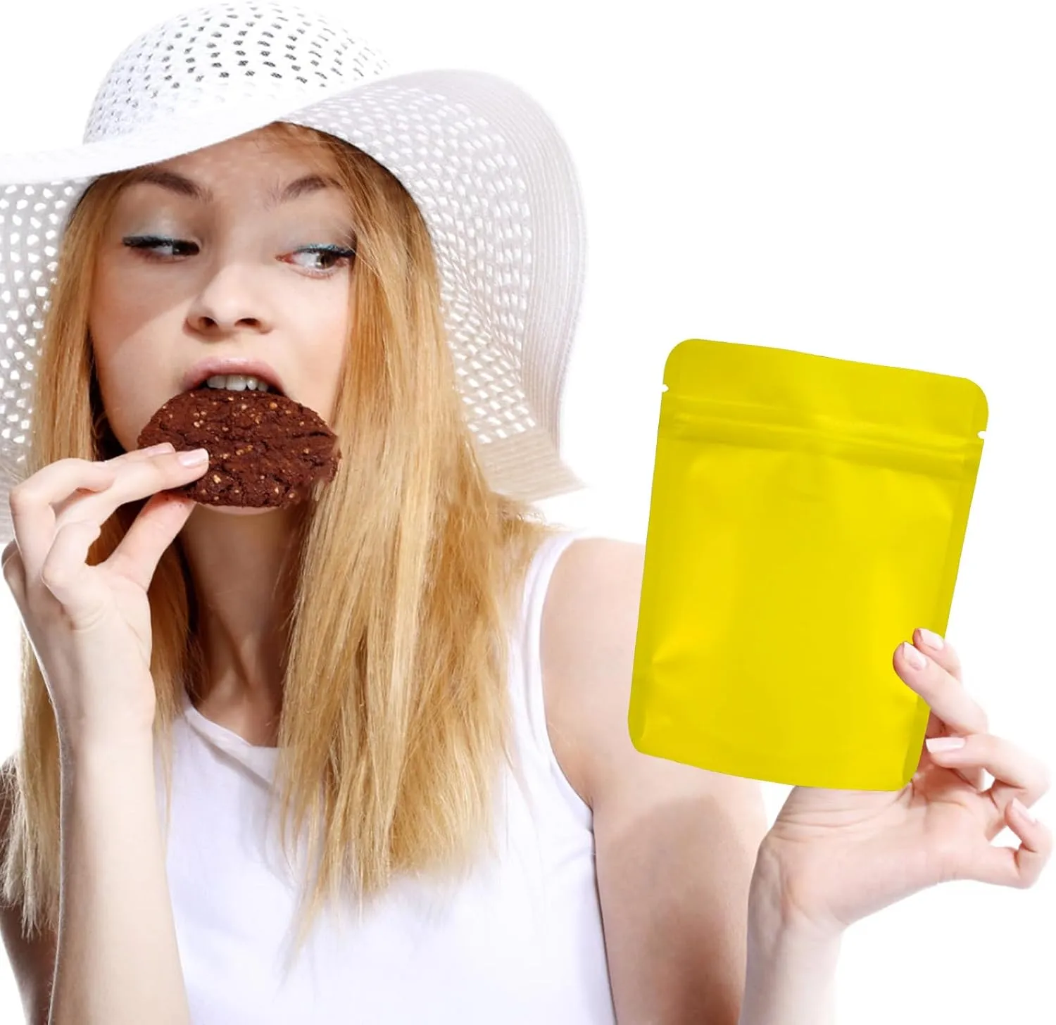 100 Pack Stand Up Pouch Bags, Zip Lock Resealable Mylar Bags for Food Storage, Heat Sealable Foil Packaging Baggies 4 x 5 Inches Matte Yellow