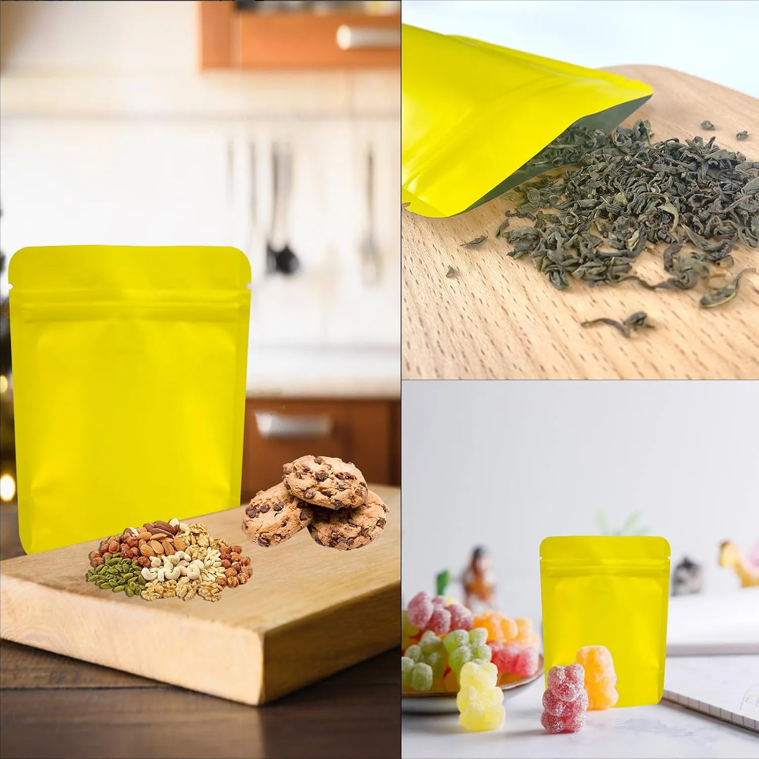 100 Pack Stand Up Pouch Bags, Zip Lock Resealable Mylar Bags for Food Storage, Heat Sealable Foil Packaging Baggies 4 x 5 Inches Matte Yellow
