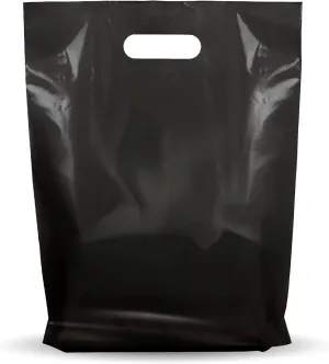 1000 Pack 9" x 12" with 1.25 mil Thick Black Merchandise Plastic Glossy Retail Bags - Die Cut Handles - Perfect for Shopping, Party Favors, Birthdays - Color Black - 100% Recyclable