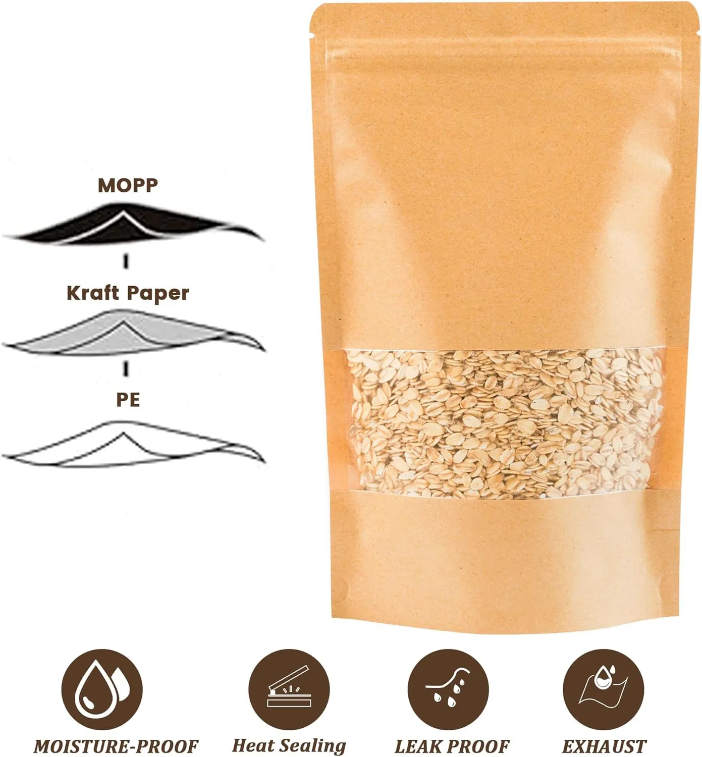 100PCS Kraft Paper Bags with Window(7.9" X 11.8"), Resealable Paper Bags for Food Storage, Stand Up Treat Bag Reusable for Candy, Cookie, Heat Seal Paper Bag for Small Business