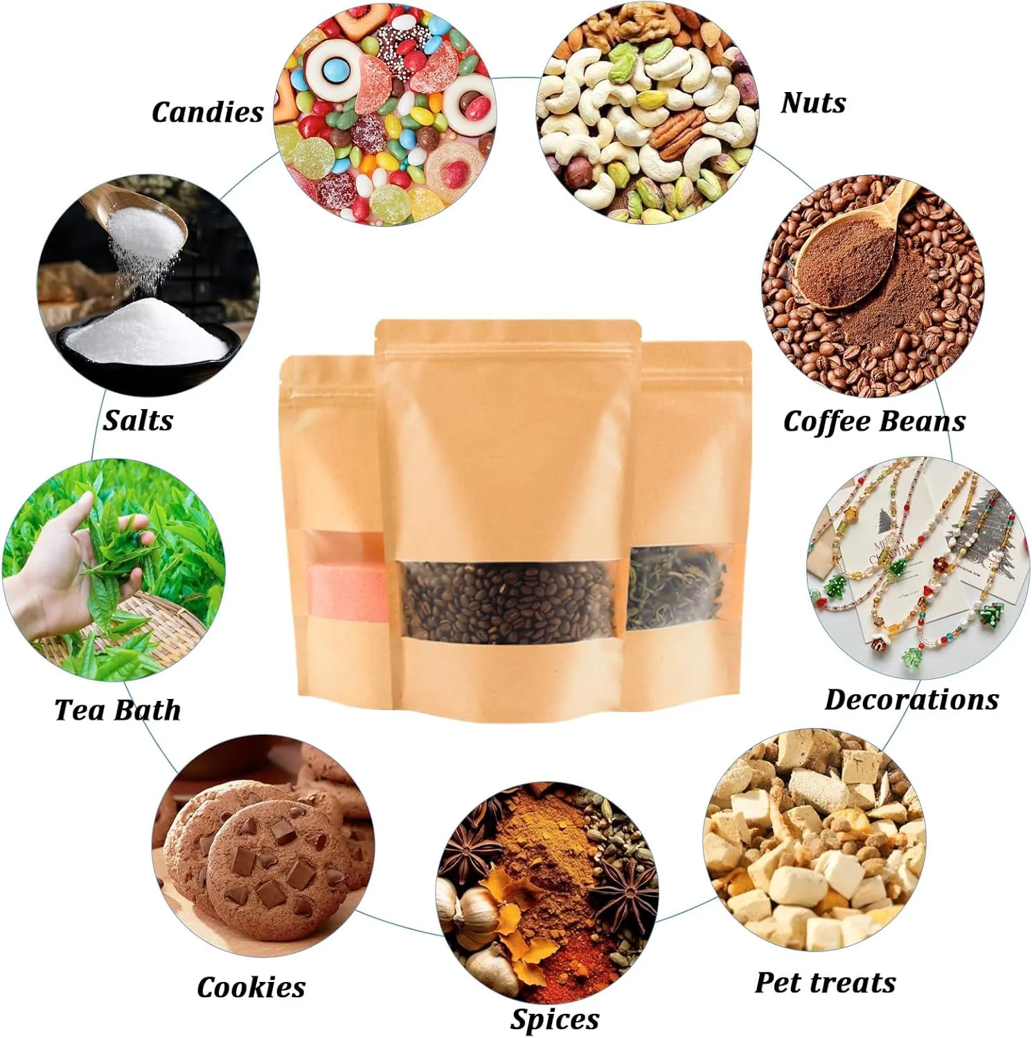 100PCS Kraft Paper Bags with Window(7.9" X 11.8"), Resealable Paper Bags for Food Storage, Stand Up Treat Bag Reusable for Candy, Cookie, Heat Seal Paper Bag for Small Business