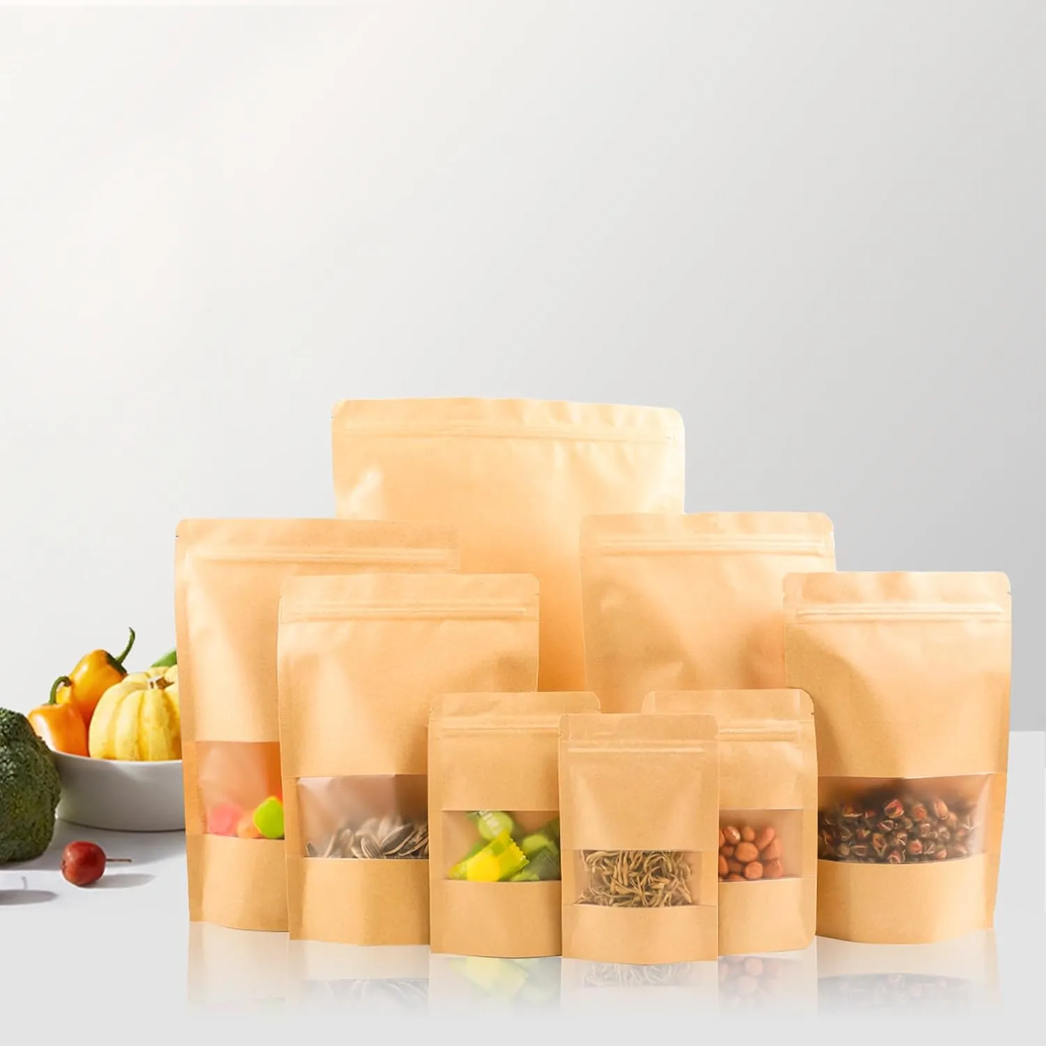 100PCS Kraft Paper Bags with Window(7.9" X 11.8"), Resealable Paper Bags for Food Storage, Stand Up Treat Bag Reusable for Candy, Cookie, Heat Seal Paper Bag for Small Business