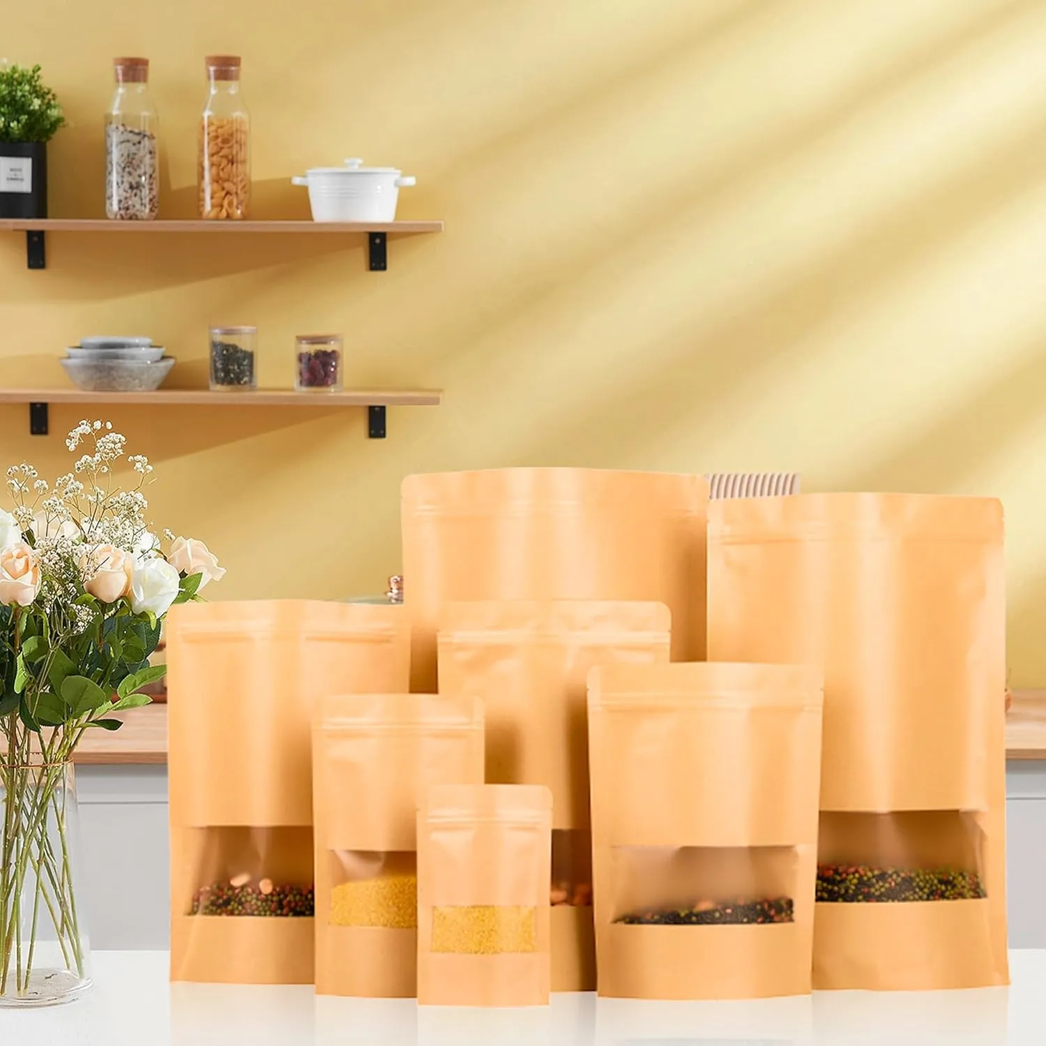 100PCS Kraft Paper Bags with Window(7.9" X 11.8"), Resealable Paper Bags for Food Storage, Stand Up Treat Bag Reusable for Candy, Cookie, Heat Seal Paper Bag for Small Business