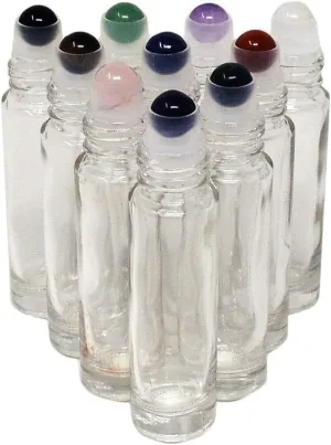 10pcs Clear 10ml Empty Refillable Glass Bottles with Crystal Semiprecious Stones Essential Oil Gemstone Roller Ball Bottles with Silver Lid with Free Bag W3900 (Multi-1)