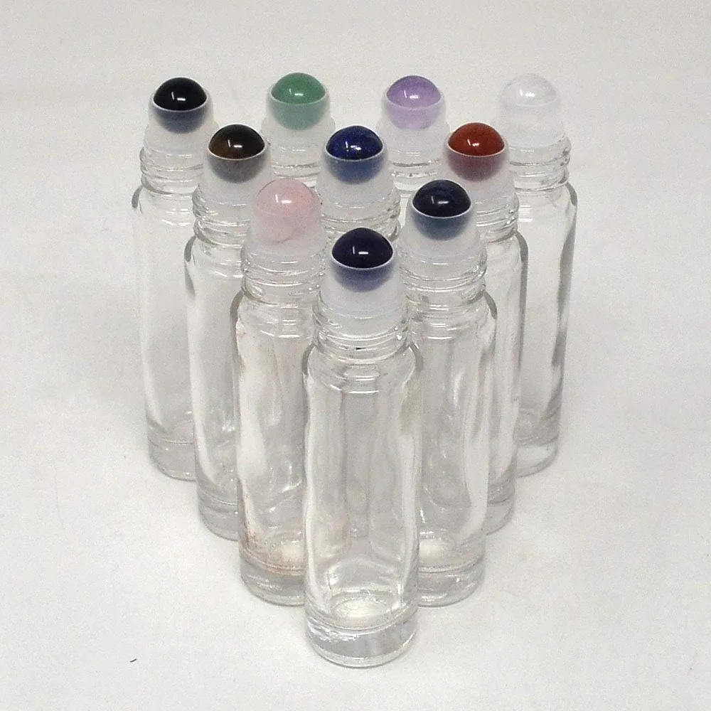 10pcs Clear 10ml Empty Refillable Glass Bottles with Crystal Semiprecious Stones Essential Oil Gemstone Roller Ball Bottles with Silver Lid with Free Bag W3900 (Multi-1)