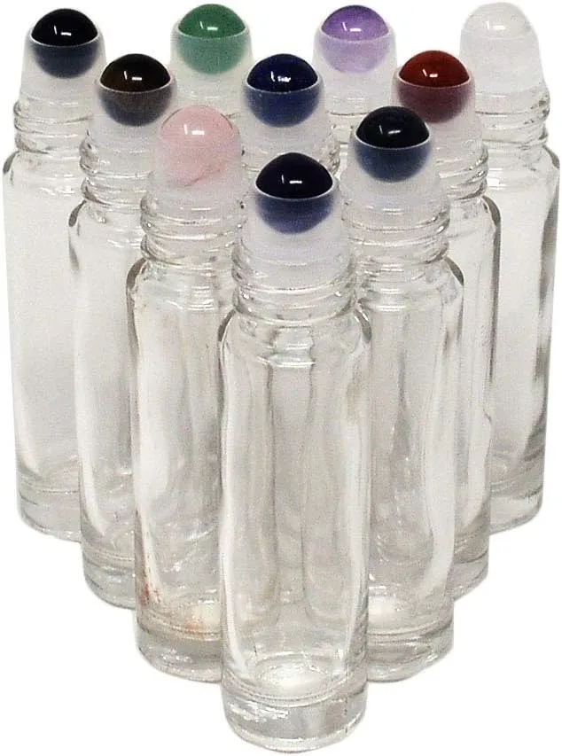 10pcs Clear 10ml Empty Refillable Glass Bottles with Crystal Semiprecious Stones Essential Oil Gemstone Roller Ball Bottles with Silver Lid with Free Bag W3900 (Multi-1)
