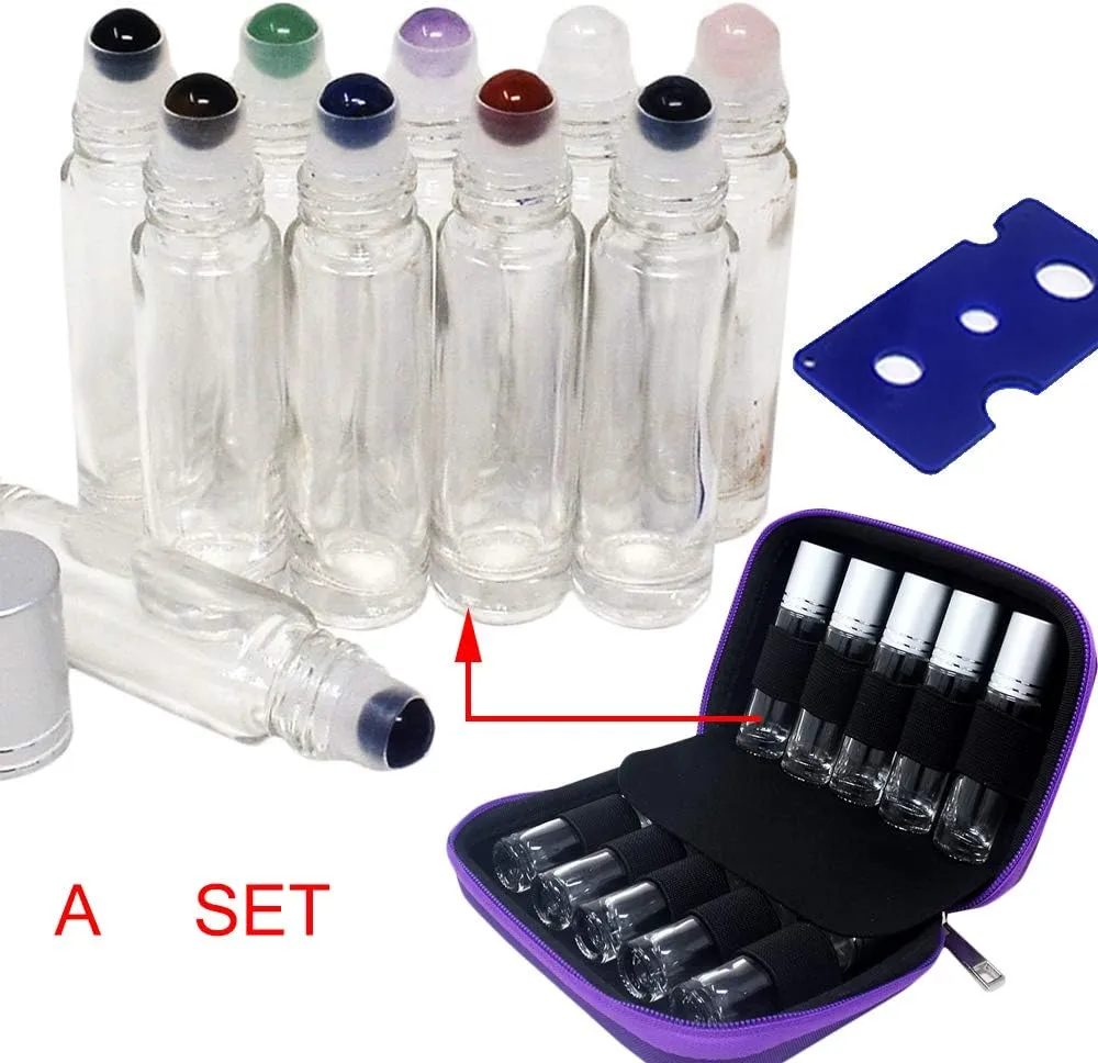 10pcs Clear 10ml Empty Refillable Glass Bottles with Crystal Semiprecious Stones Essential Oil Gemstone Roller Ball Bottles with Silver Lid with Free Bag W3900 (Multi-1)