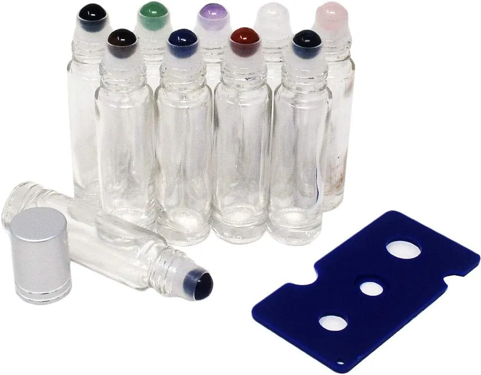 10pcs Clear 10ml Empty Refillable Glass Bottles with Crystal Semiprecious Stones Essential Oil Gemstone Roller Ball Bottles with Silver Lid with Free Bag W3900 (Multi-1)