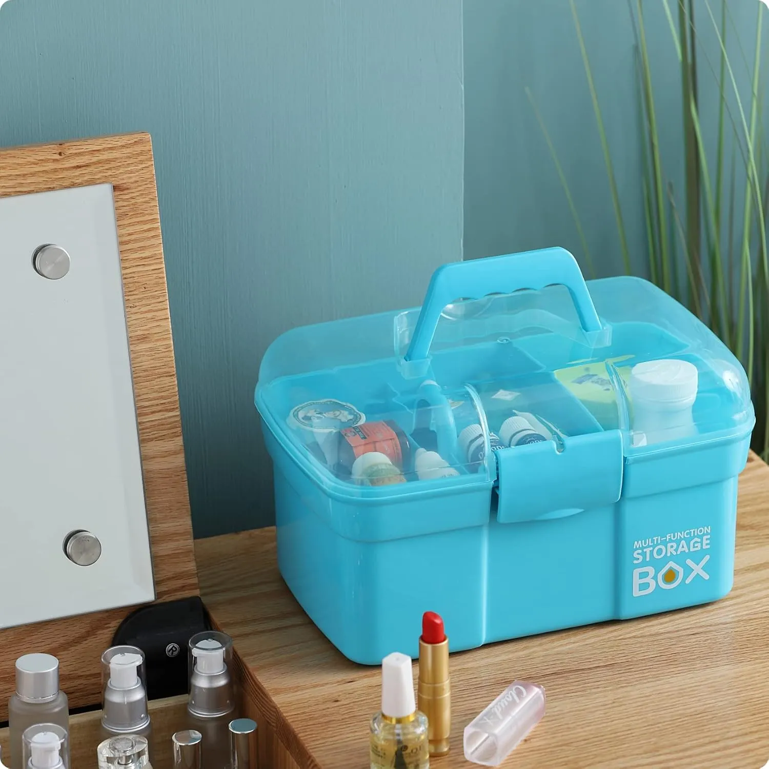 11'' Plastic Storage Box with Removable Tray, Multipurpose Organizer and Storage Case for Art Craft and Cosmetic (Blue)