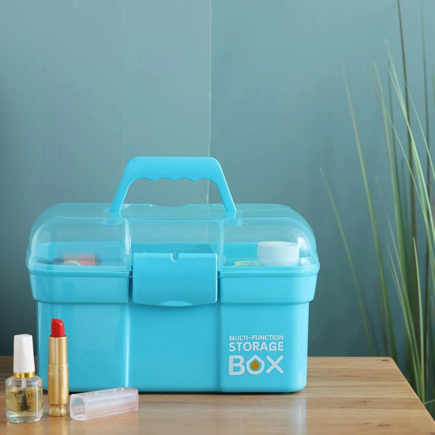 11'' Plastic Storage Box with Removable Tray, Multipurpose Organizer and Storage Case for Art Craft and Cosmetic (Blue)