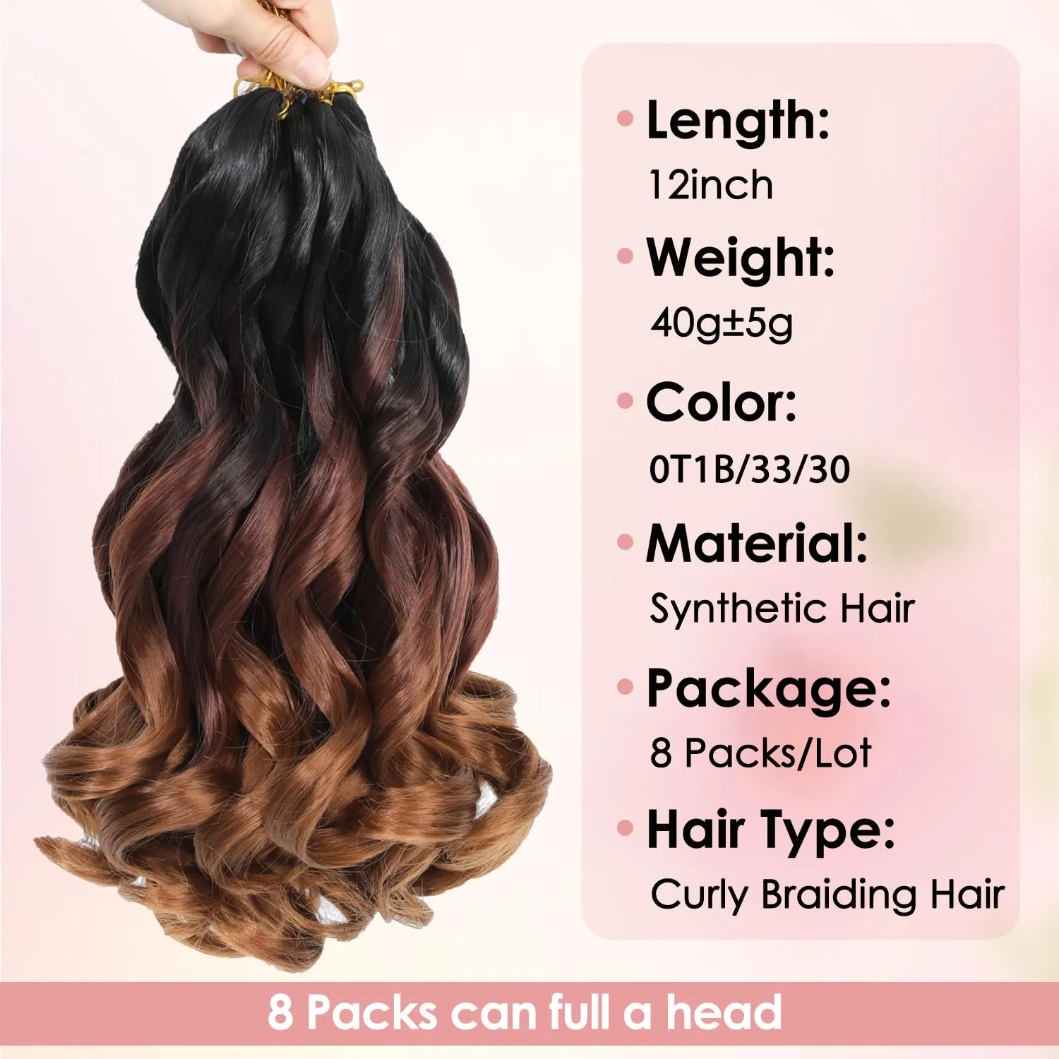 12 Inch French Curls Braiding Hair Extensions 40g/Pack Blonde Pre Stretched Spiral Curly Braids Curly Ends Synthetic Hair For Women (12 Inch,8 Packs,OT1B/33/30)