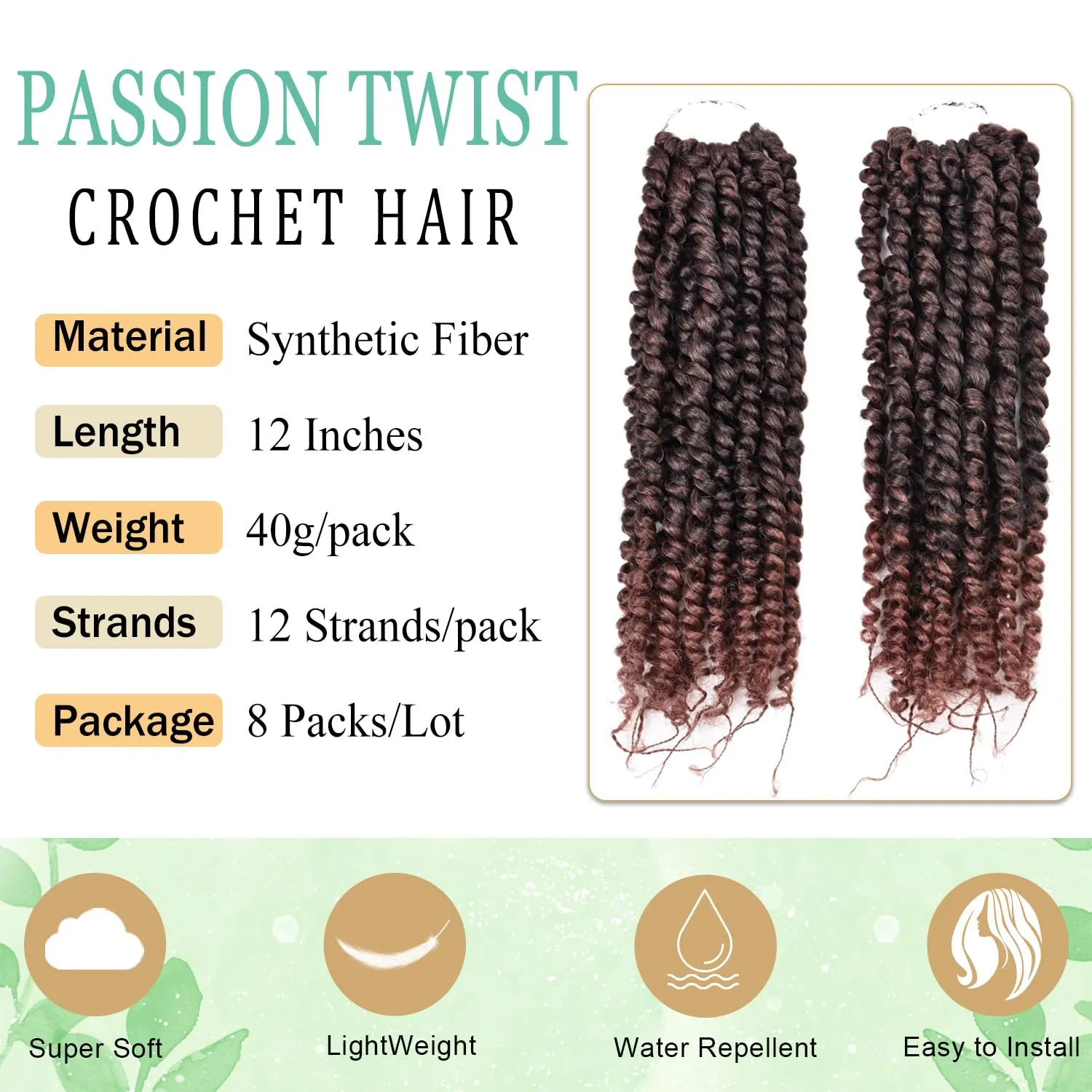 12 Inch Passion Twist Crochet Hair for Black Women 8 Packs Pre-twisted Passion Twists Crochet Braids Hair Pre-looped Bohemian Twists Synthetic Braiding Hair Extensions(12Strands/Pack,T350#)