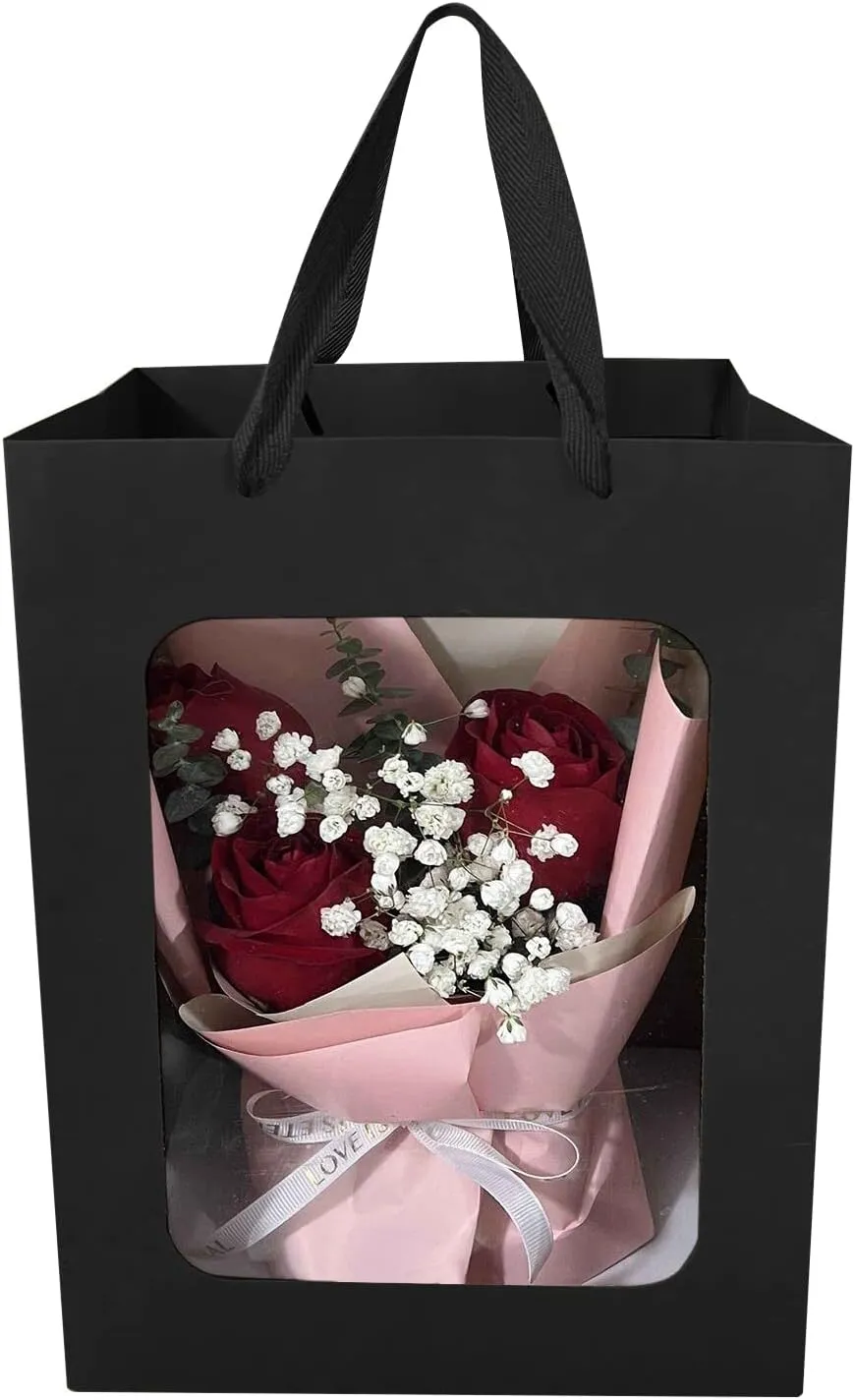 12 Pcs Black Kraft Paper Gift Bags with Transparent Window, 9.84"x7.0"x5.12" Kraft Shopping Bags with Handles for Present, Festivals Party