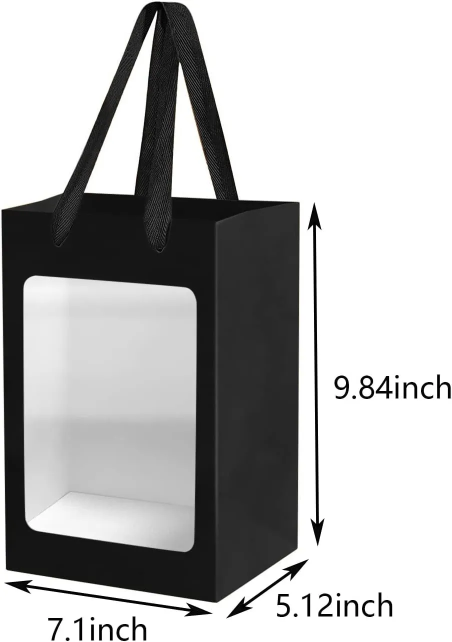 12 Pcs Black Kraft Paper Gift Bags with Transparent Window, 9.84"x7.0"x5.12" Kraft Shopping Bags with Handles for Present, Festivals Party