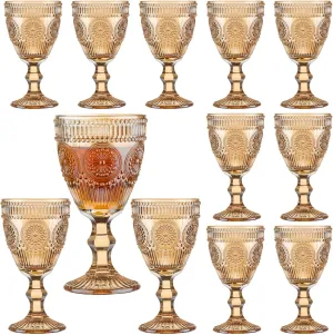 12 Pcs Vintage Wine Glasses, 10 Oz Colored Glass Water Goblets, Unique Flower Embossed Pattern High Clear Stemmed Glassware Wedding Party Bar Glass Drinking Cups Flower Amber Fancy Glasses Set of 12