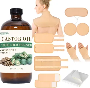 13 Pcs Castor Oil Pack Wrap, Organic Cold Pressed Unrefined Glass Bottle for Liver Detox, Stomach, Neck, Knee, Foot & Entire Body, Organic Cotton Reusable Pads Kit for Hot/Cold Compress