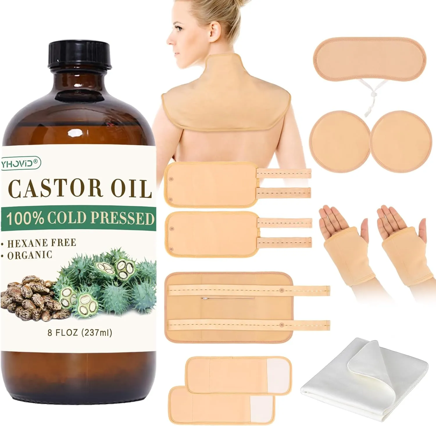 13 Pcs Castor Oil Pack Wrap, Organic Cold Pressed Unrefined Glass Bottle for Liver Detox, Stomach, Neck, Knee, Foot & Entire Body, Organic Cotton Reusable Pads Kit for Hot/Cold Compress