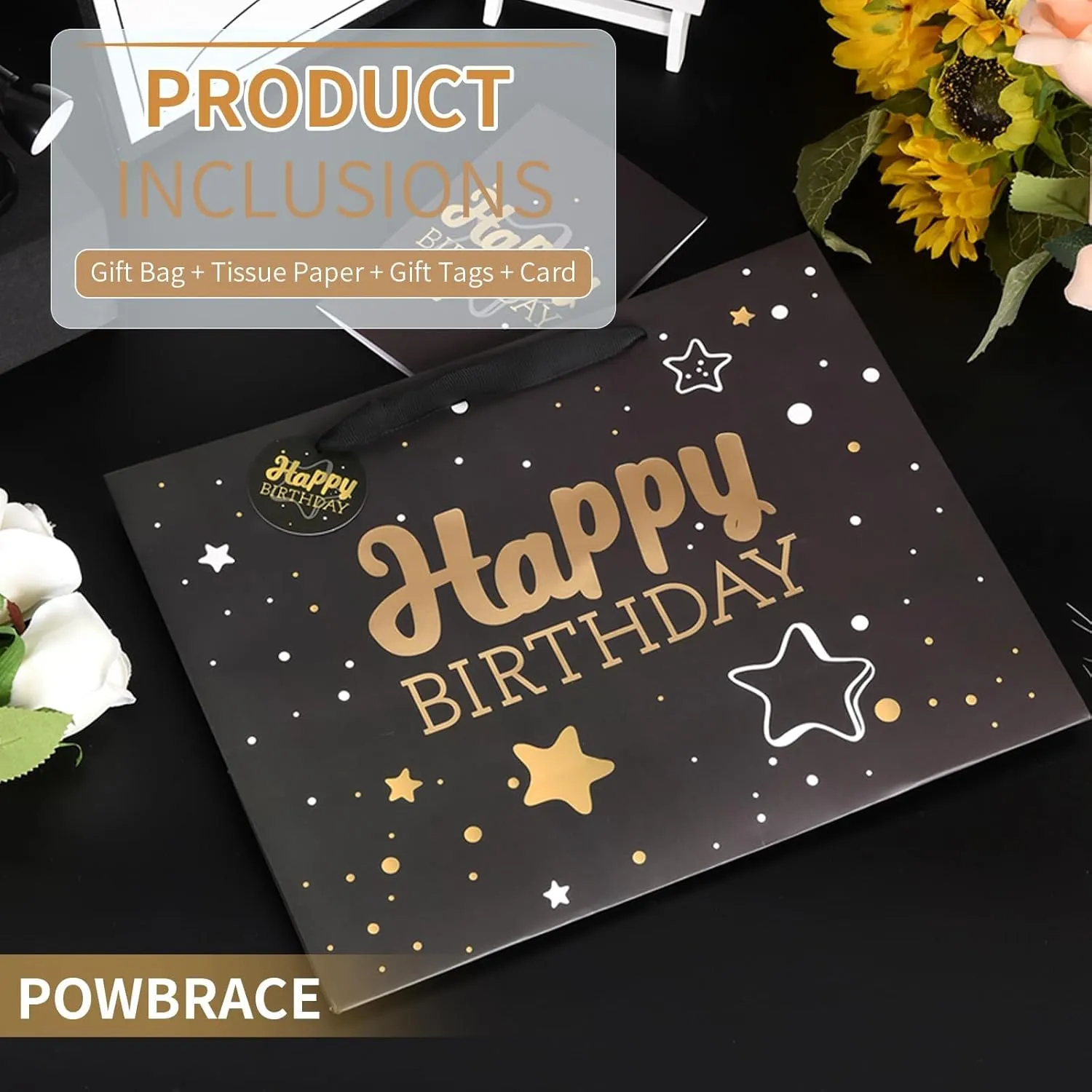 13" Black Happy Birthday Gift Bag with Tissue Paper and Greeting Card for Birthday,Party,Happy Birthday Gift Bag for Men Women, Gift Bags Medium size(5 PCS Black Happy Birthday)