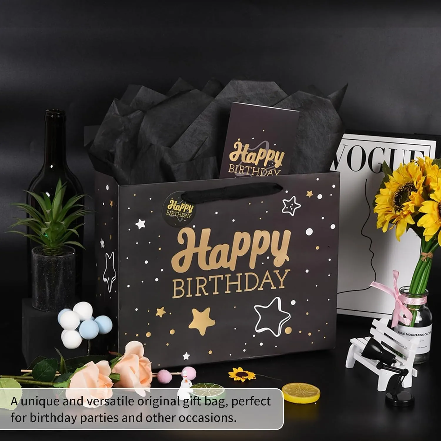 13" Black Happy Birthday Gift Bag with Tissue Paper and Greeting Card for Birthday,Party,Happy Birthday Gift Bag for Men Women, Gift Bags Medium size(5 PCS Black Happy Birthday)