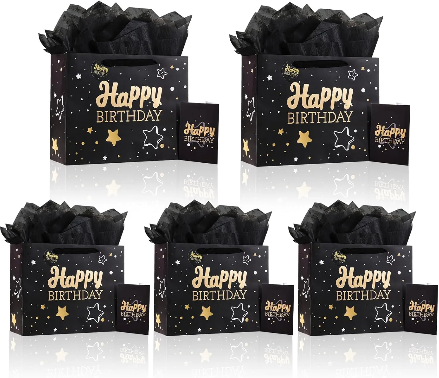 13" Black Happy Birthday Gift Bag with Tissue Paper and Greeting Card for Birthday,Party,Happy Birthday Gift Bag for Men Women, Gift Bags Medium size(5 PCS Black Happy Birthday)