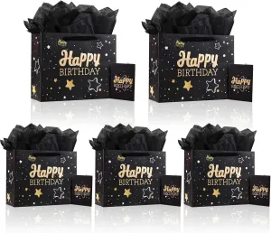 13" Black Happy Birthday Gift Bag with Tissue Paper and Greeting Card for Birthday,Party,Happy Birthday Gift Bag for Men Women, Gift Bags Medium size(5 PCS Black Happy Birthday)