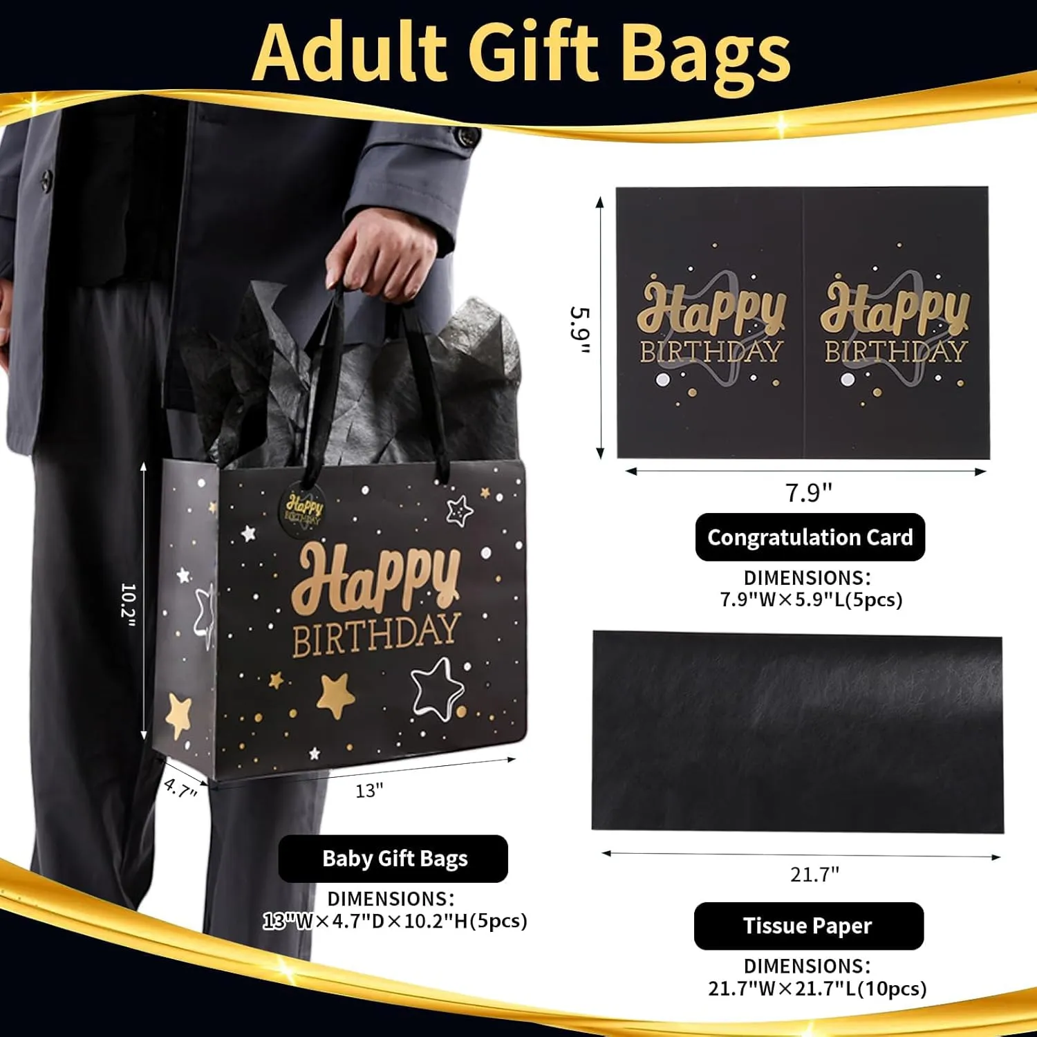 13" Black Happy Birthday Gift Bag with Tissue Paper and Greeting Card for Birthday,Party,Happy Birthday Gift Bag for Men Women, Gift Bags Medium size(5 PCS Black Happy Birthday)