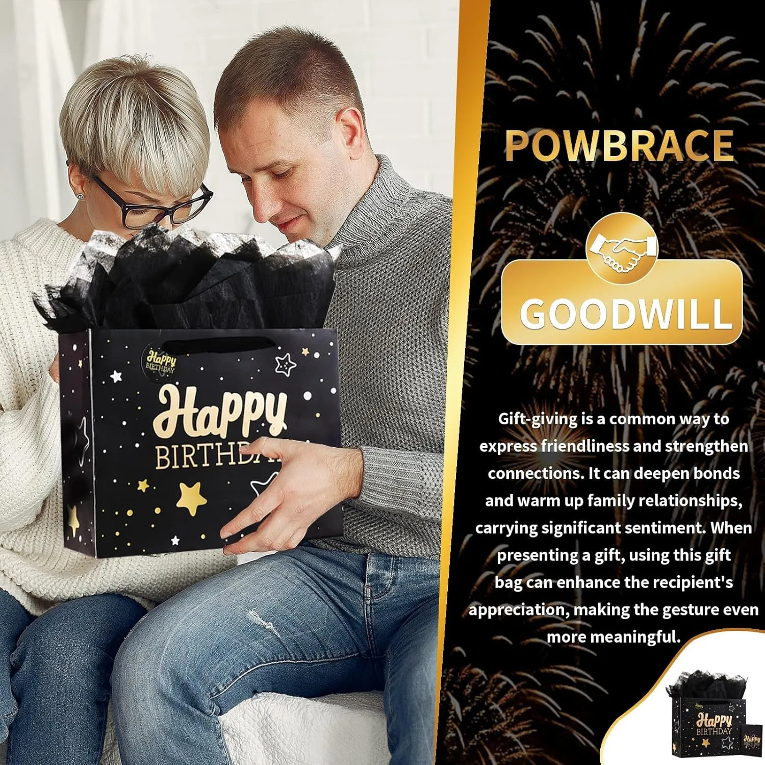 13" Black Happy Birthday Gift Bag with Tissue Paper and Greeting Card for Birthday,Party,Happy Birthday Gift Bag for Men Women, Gift Bags Medium size(5 PCS Black Happy Birthday)