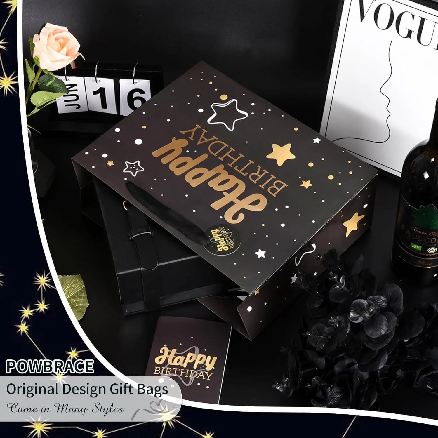 13" Black Happy Birthday Gift Bag with Tissue Paper and Greeting Card for Birthday,Party,Happy Birthday Gift Bag for Men Women, Gift Bags Medium size(5 PCS Black Happy Birthday)